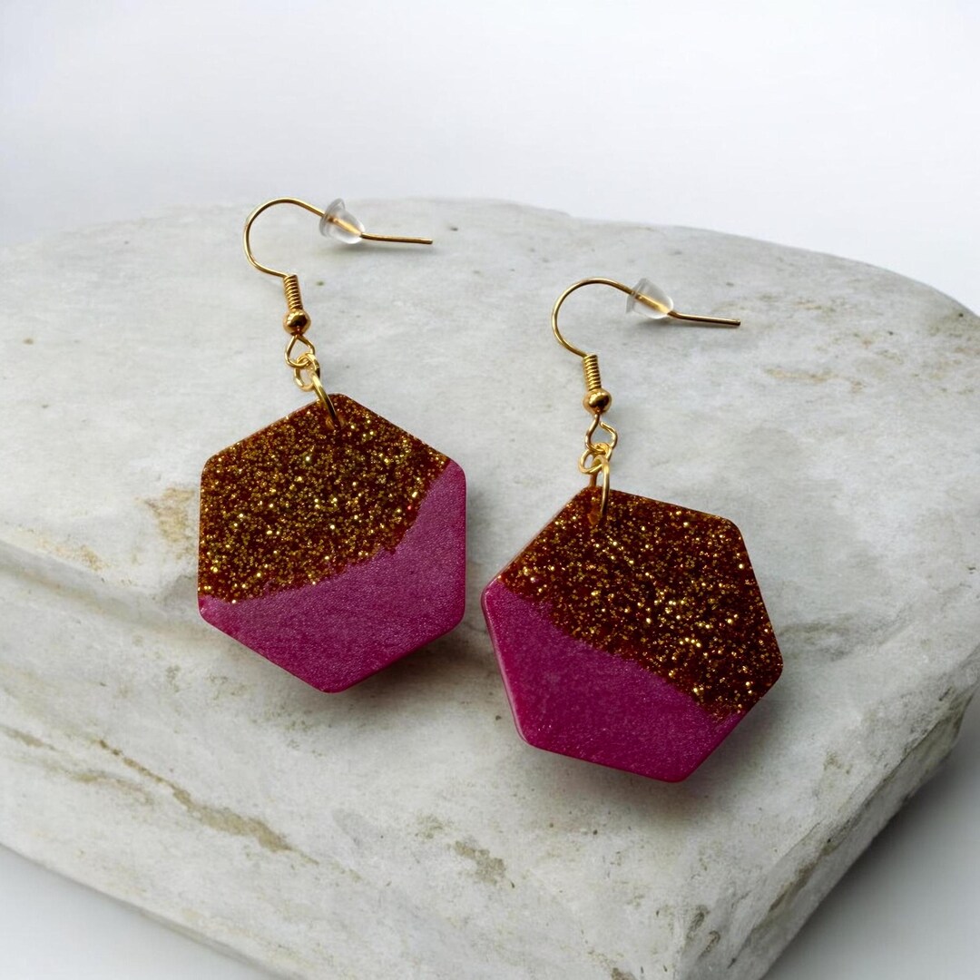Unique Resin Ear Rings Pink and Gold Glitter Drop Earrings- Handmade Resin Earrings - Etsy