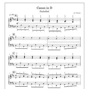 May include: Sheet music for Pachelbel's "Canon in D" arranged by Verona. The black and white musical score features treble and bass clef notation, with notes and numbers indicating finger placement. The title and composer's name are at the top.