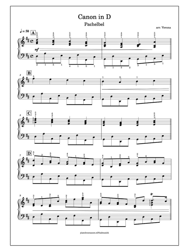 May include: Sheet music for Pachelbel's "Canon in D" arranged by Verona. The black and white musical score features treble and bass clef notation, with notes and numbers indicating finger placement. The title and composer's name are at the top.