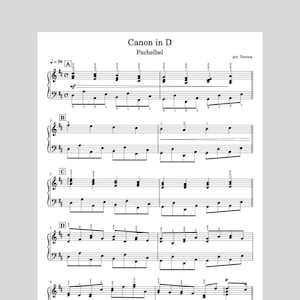 May include: Sheet music for Pachelbel's "Canon in D" with musical notation. The title and composer's name are at the top. The arrangement is by Verona. The music is printed on white paper.