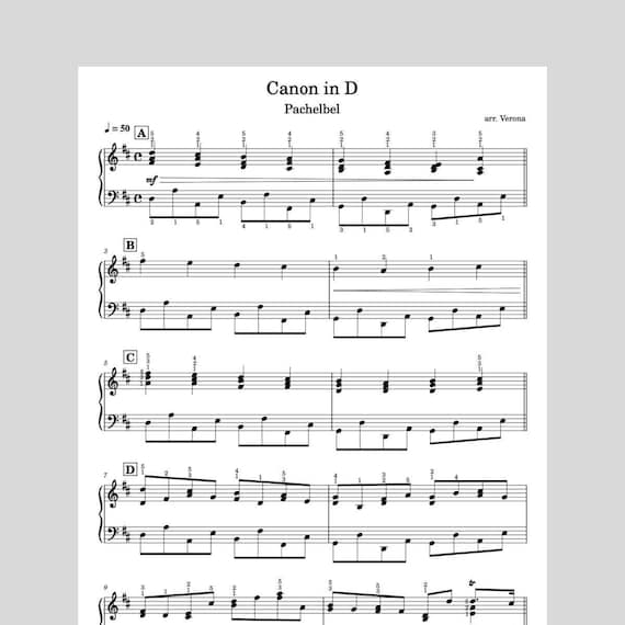 Canon in D - Pachelbel Piano Sheet Music with Fingering - Spacious Easy to Read Layout - Download Includes PDF MIDI MP3