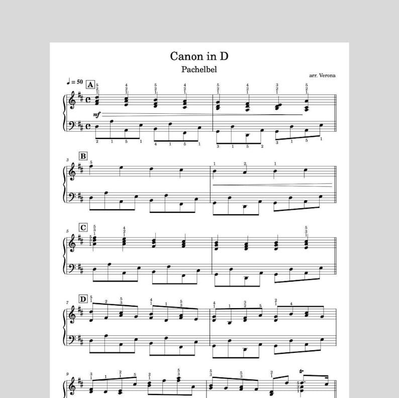 May include: Sheet music for Pachelbel's "Canon in D" with musical notation. The title and composer's name are at the top. The arrangement is by Verona. The music is printed on white paper.