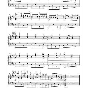 May include: Sheet music for piano, printed on white paper. The musical notation is in black, with treble and bass clefs, and includes notes, rests, and dynamic markings. The text "K", "L", and "M" are visible. The website address pianolessenassen.nl/bladmuzick is at the bottom.