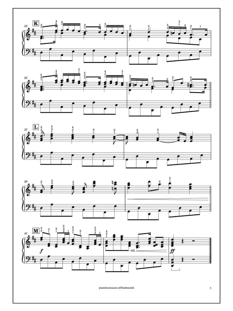 May include: Sheet music for piano, printed on white paper. The musical notation is in black, with treble and bass clefs, and includes notes, rests, and dynamic markings. The text "K", "L", and "M" are visible. The website address pianolessenassen.nl/bladmuzick is at the bottom.