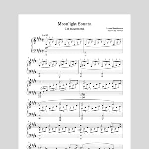 Op de afbeelding: Partituur voor de Maanlichtsonate, 1e deel, van Ludwig van Beethoven, bewerkt door Verona. De muziek is geschreven in standaardnotatie met een tempo-aanduiding van = 50 en een dynamische aanduiding van pp.