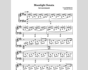 Sonata al chiaro di luna - Beethoven | spartiti per pianoforte con diteggiatura | layout più ampio più facile da leggere | il download include PDF, MIDI e MP3