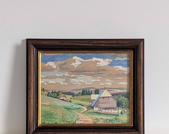 Pintura original de paisaje de montaña en acuarela, arte de pared vintage de casa de campo enmarcado, decoración rústica de casa de montaña, papel texturizado