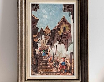 Pintura al óleo peruana vintage firmada por Edmundo M, arte mural enmarcado de un pueblo andino de Cusco, arte popular sudamericano de mediados de siglo,