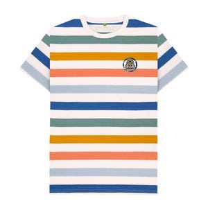 May include: A short-sleeved, striped t-shirt with horizontal bands of white, blue, green, orange, and yellow. A small circular emblem is on the left chest. The shirt has a crew neck and is made of a soft, breathable fabric.