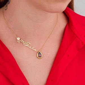 Colar de ouro 14K com nome personalizado, joias com pedra de nascimento, pingente de flor de nascimento personalizado, colar com nome escrito à mão, presentes de Natal para mulheres