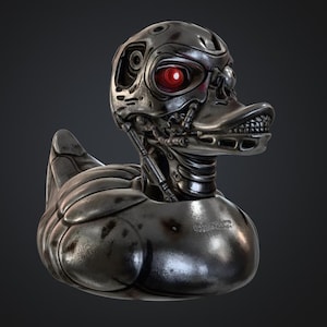 May include: A metallic gray rubber duck with a Terminator-inspired design. The duck features a robotic head with a red eye, a skeletal beak, and mechanical details. The body has a textured, industrial appearance, creating a unique and edgy bath toy.