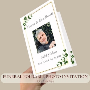 Gouden lijst Clover begrafenisuitnodiging, opvouwbare herdenkingskaart (digitale download 5 x 7 canva-sjabloon), bewerkbaar, uitnodiging viering van het leven