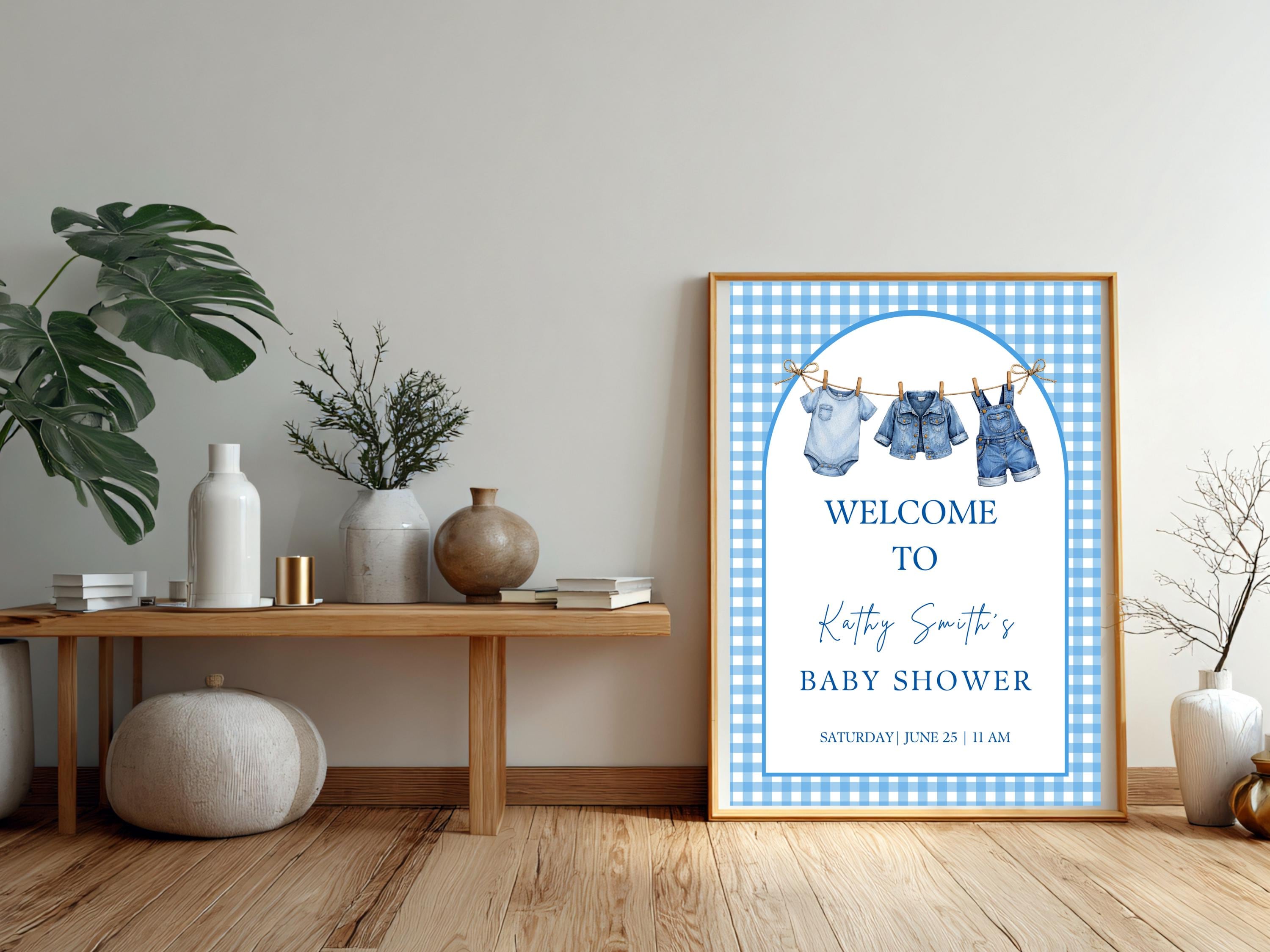 Blue Gingham Baby Shower Welcome Sign thumbnail 5