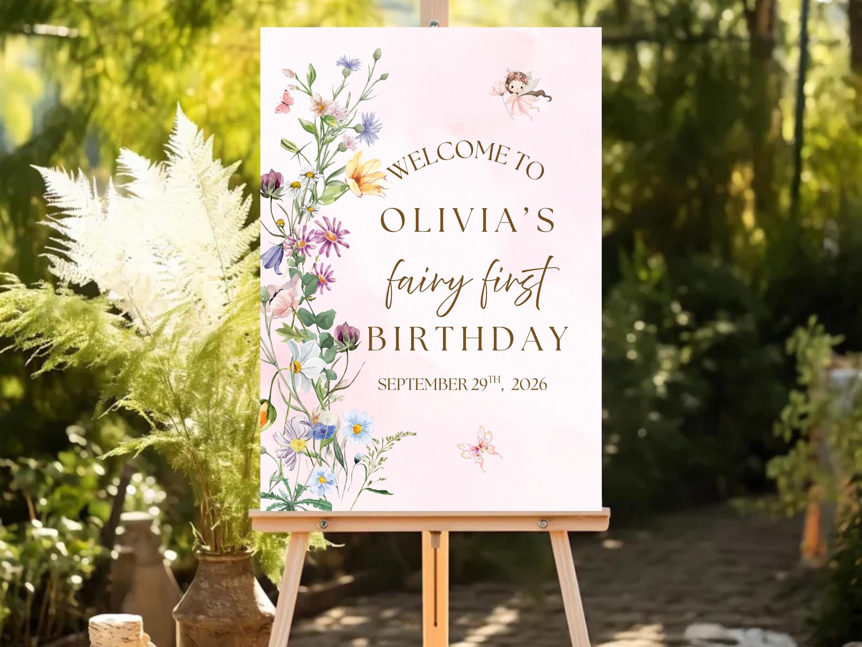 Fairy Garden Birthday Welcome Sign — editable Canva template