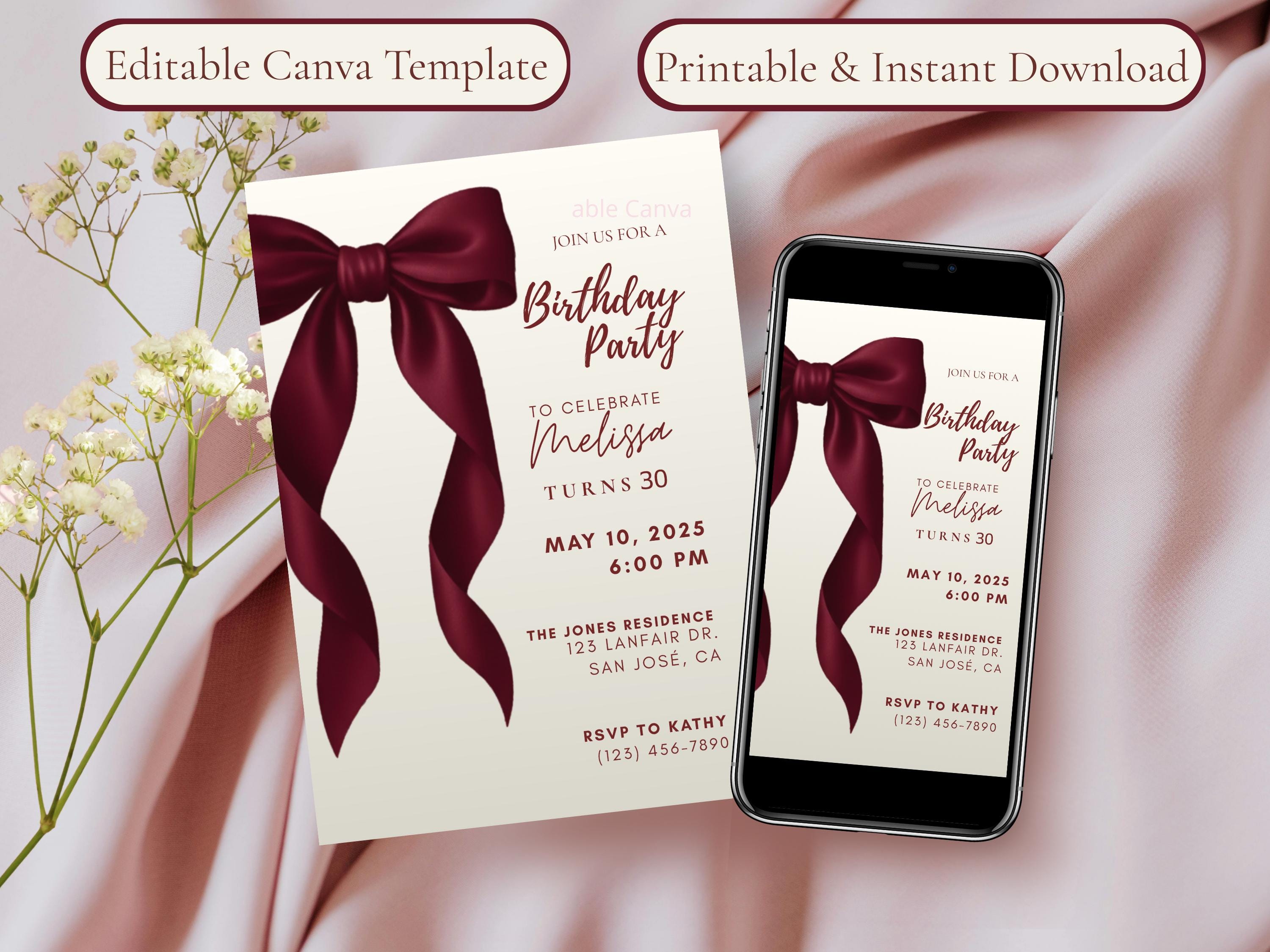 Coquette Red Bow Birthday Invitation — Pink thumbnail 2