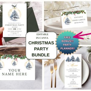 Editable Christmas Dinner Party Bundle, Green Bow Template Ornament Invitation Suite, Canva, Menu, Name Card, Personalize, End Of Year CM20