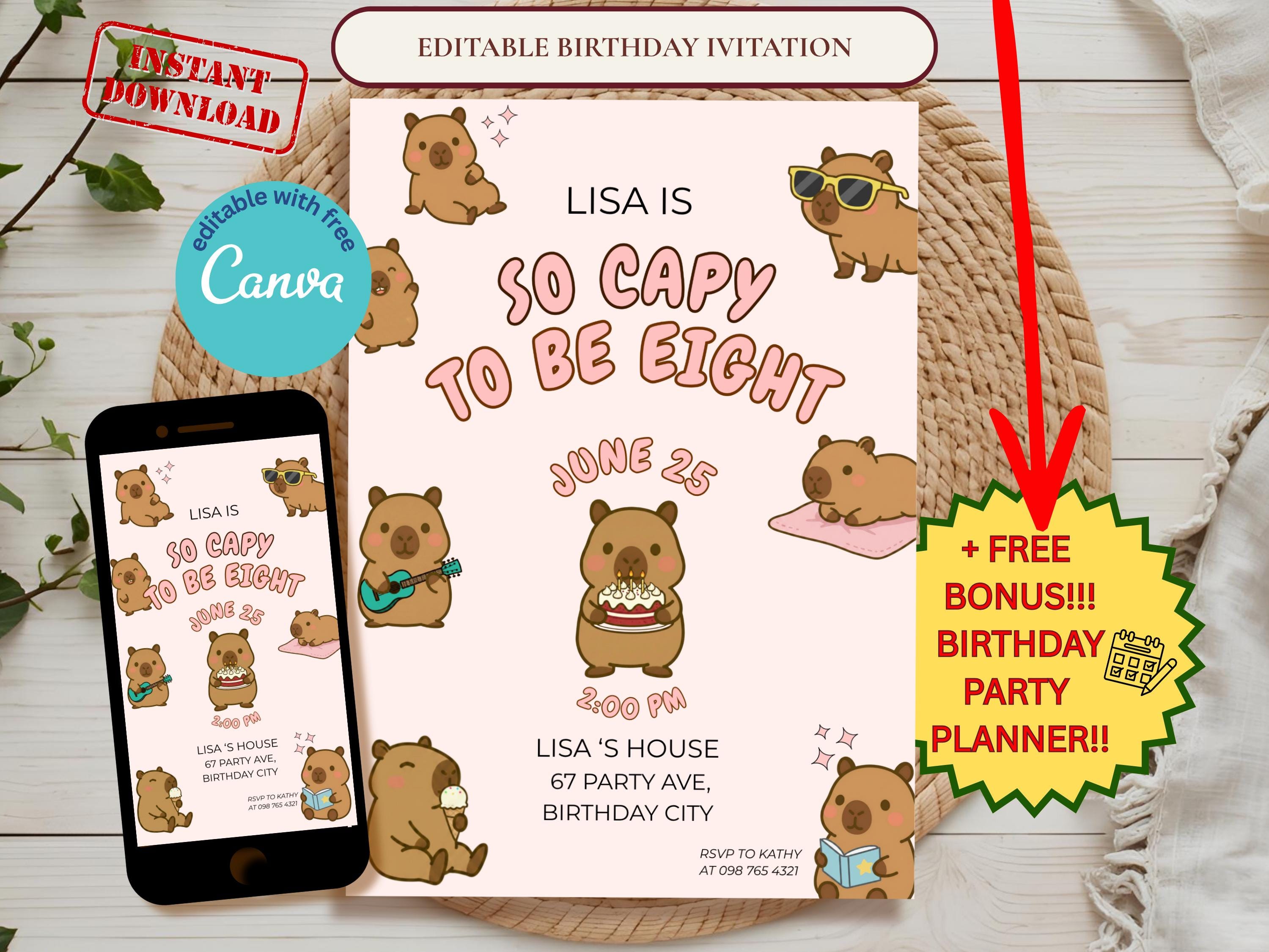 Capy to Be Eight Birthday Invitation — editable Canva template