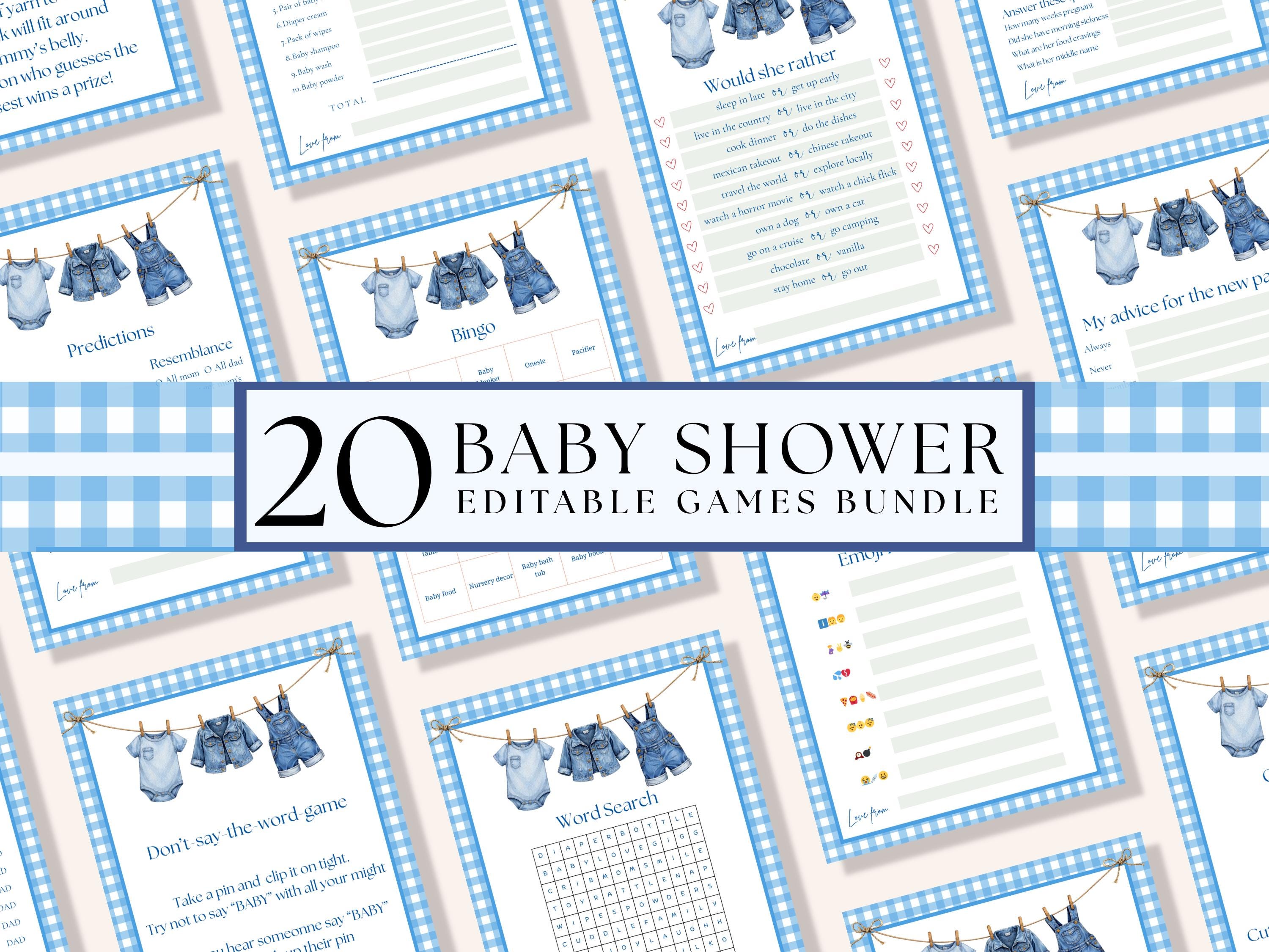 Blue Gingham Baby Shower Games Bundle — editable Canva template