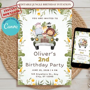 Animals Safari Truck Birthday Invitation, Any Age, Jungle Car Theme B'day Invite, Safari Party, First Birthday Invitation, Editable Canva