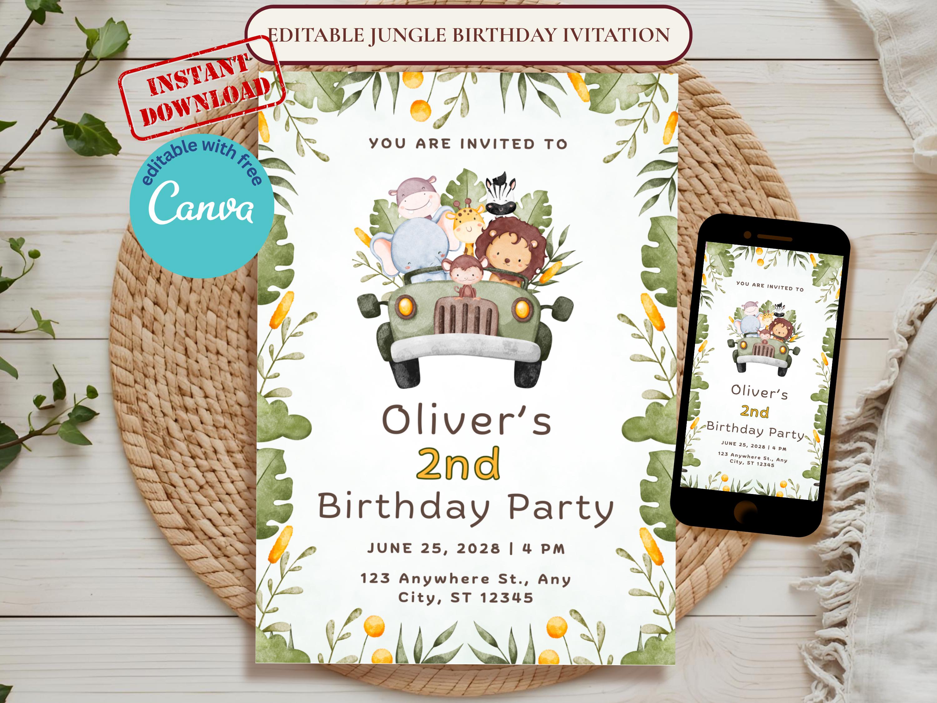 Safari Truck Birthday Invitation — editable Canva template