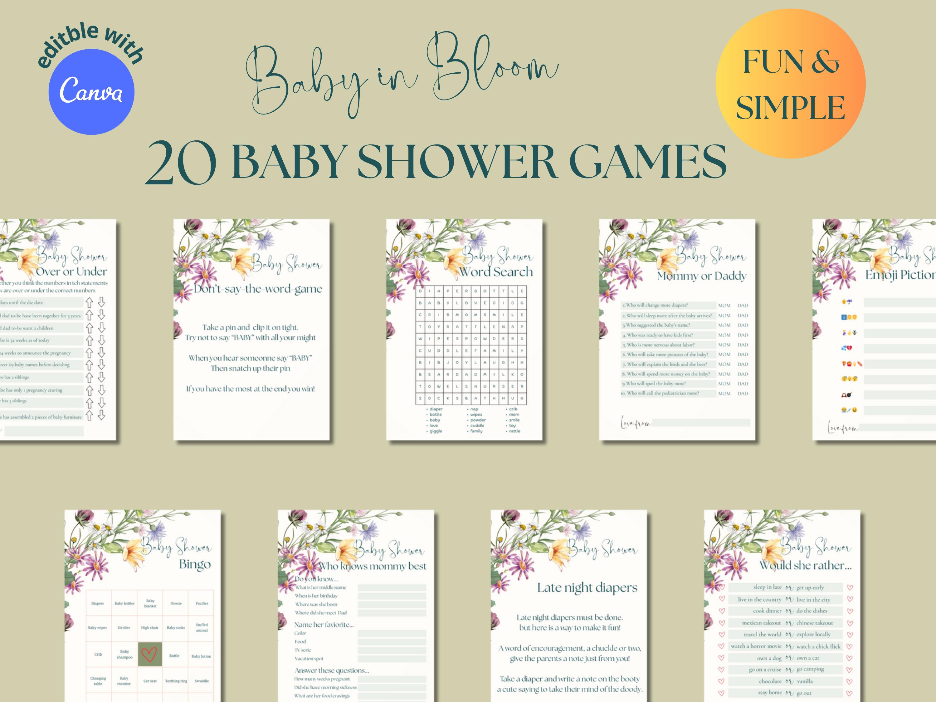 Wildflower Baby Shower Games Bundle — editable Canva template
