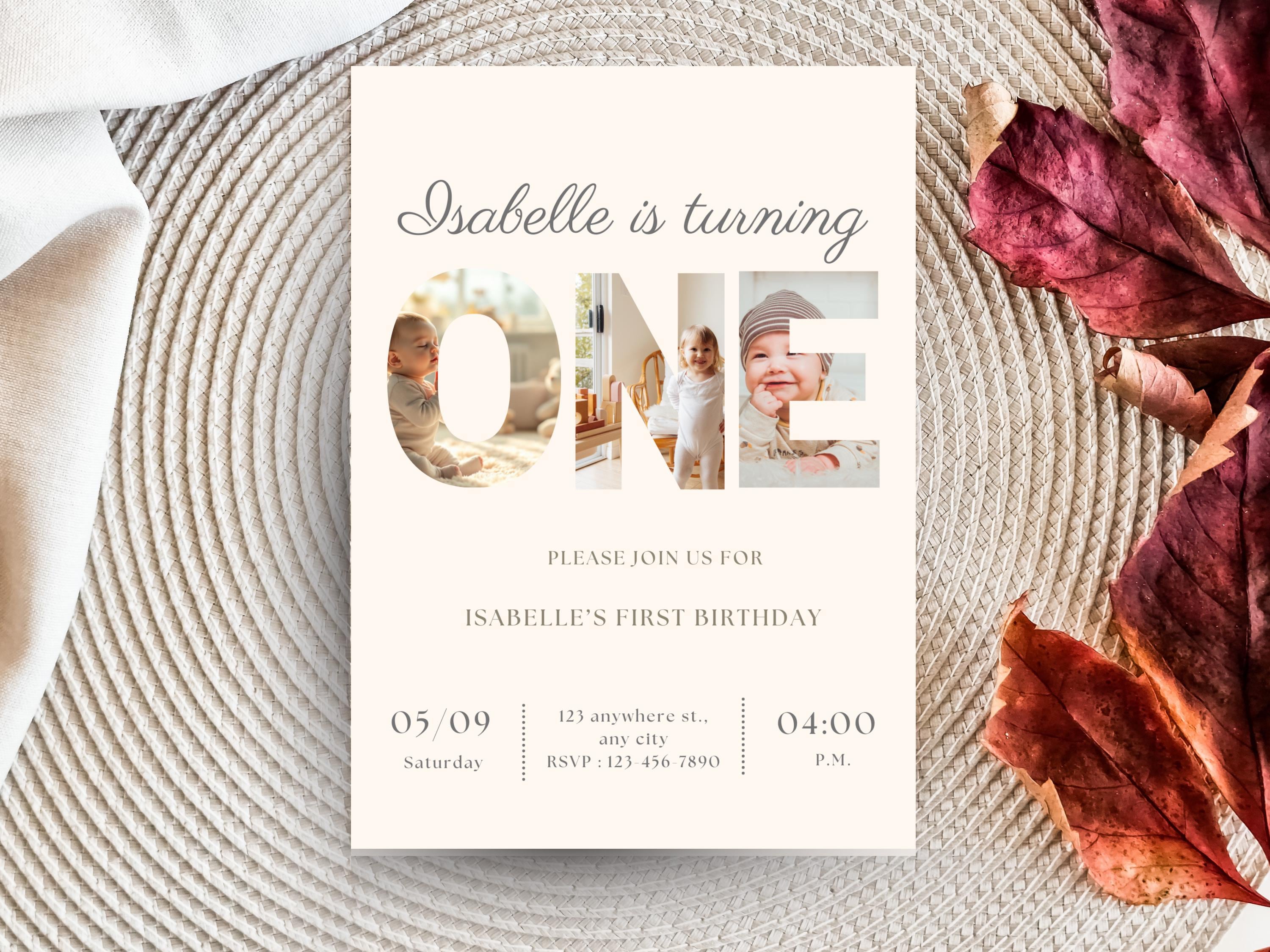 Minimalist First Birthday Invitation — editable Canva template