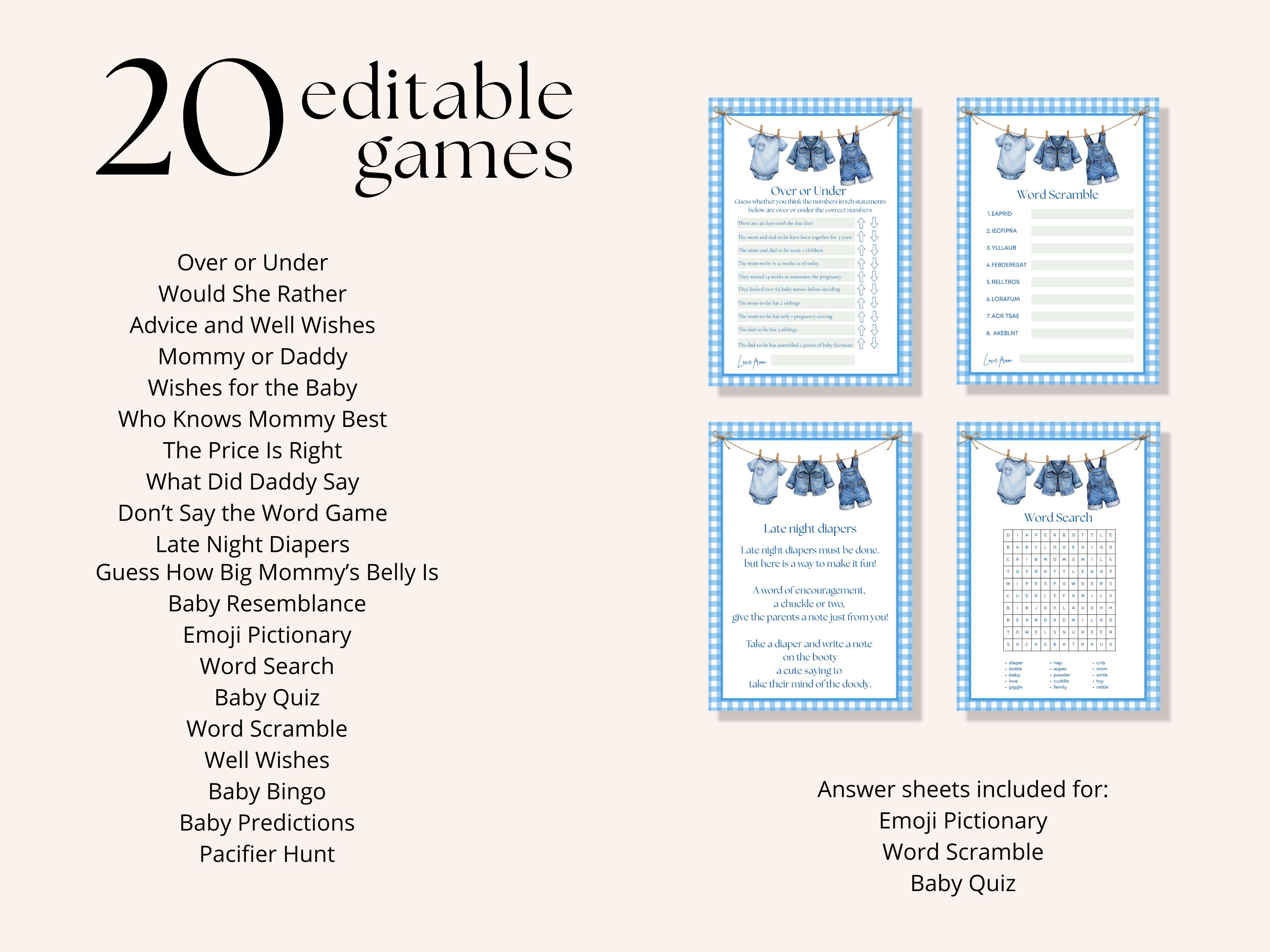 Blue Gingham Baby Shower Games — editable Canva template