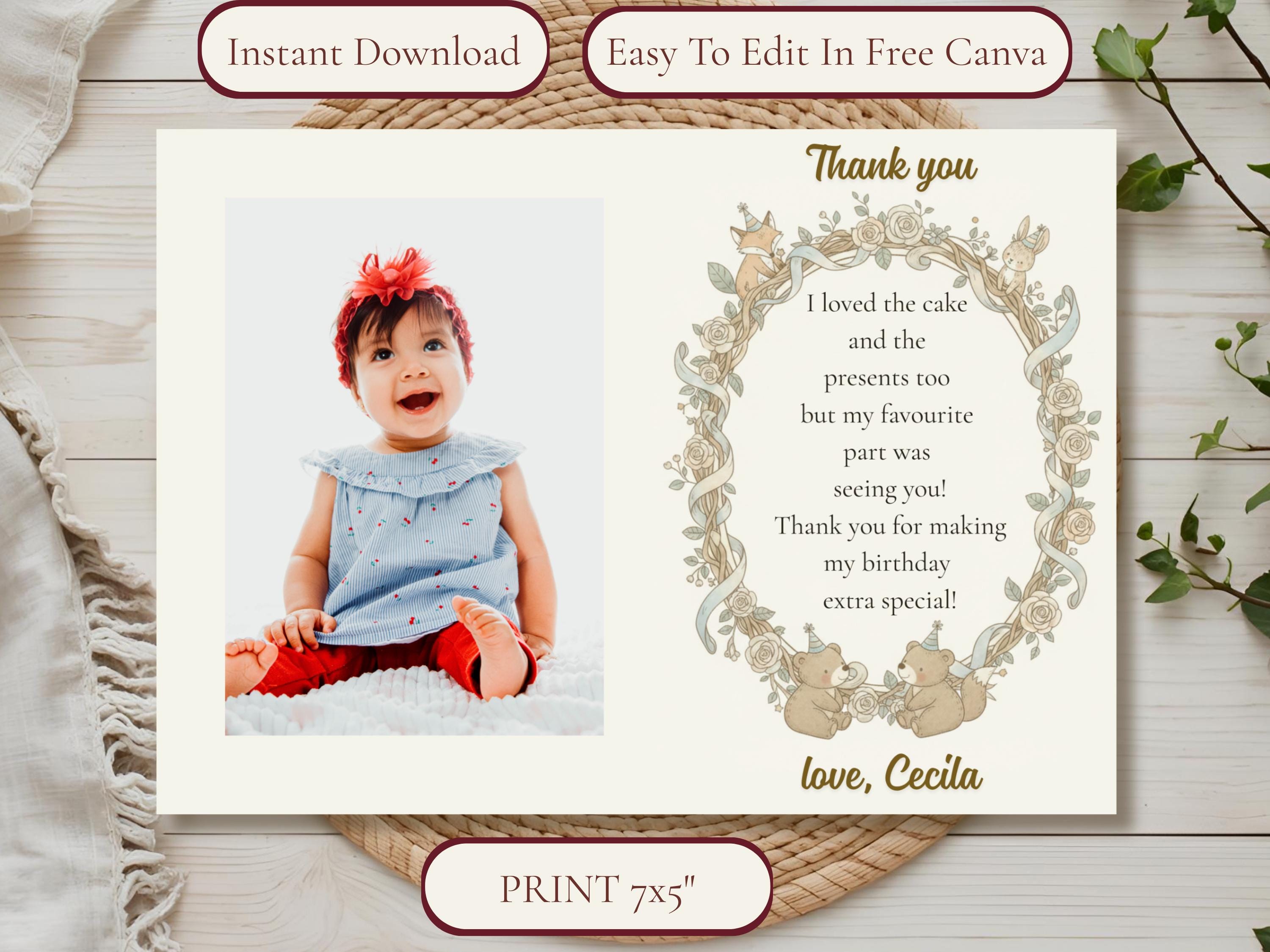 Woodland Birthday Thank You Card — editable Canva template