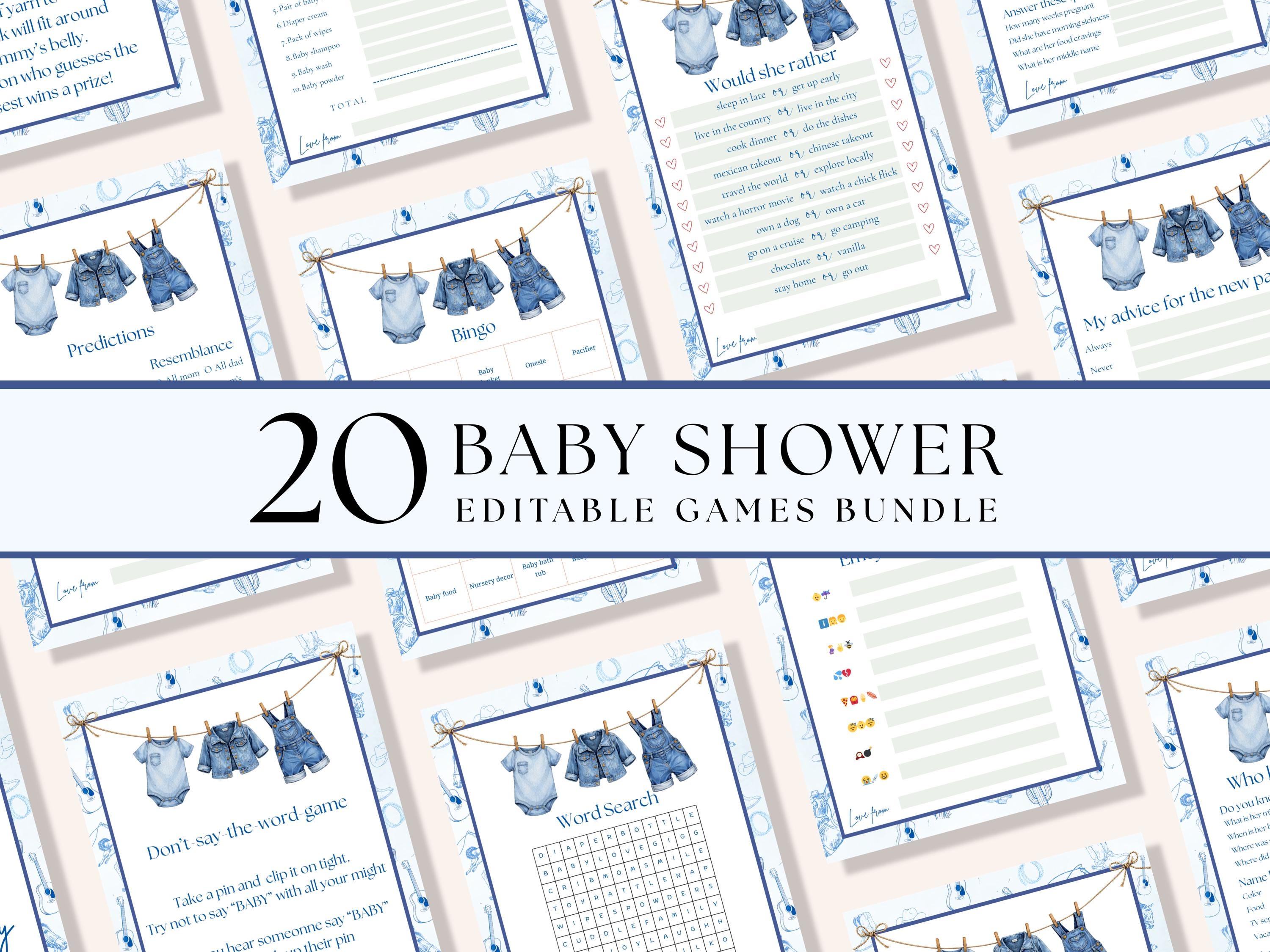 Blue Jean Baby Shower Games Bundle — editable Canva template