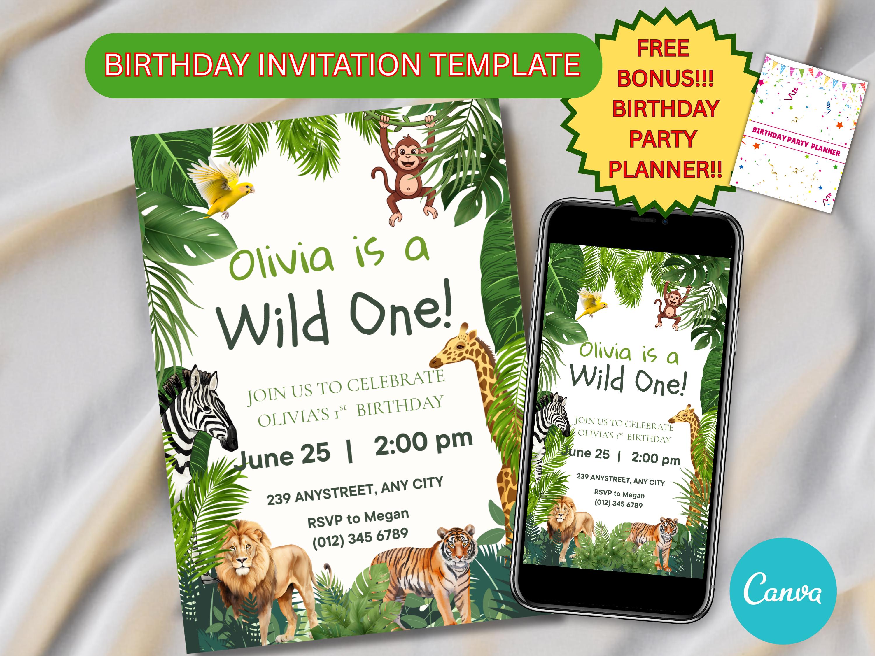 Wild One Jungle Safari Invitation — editable Canva template