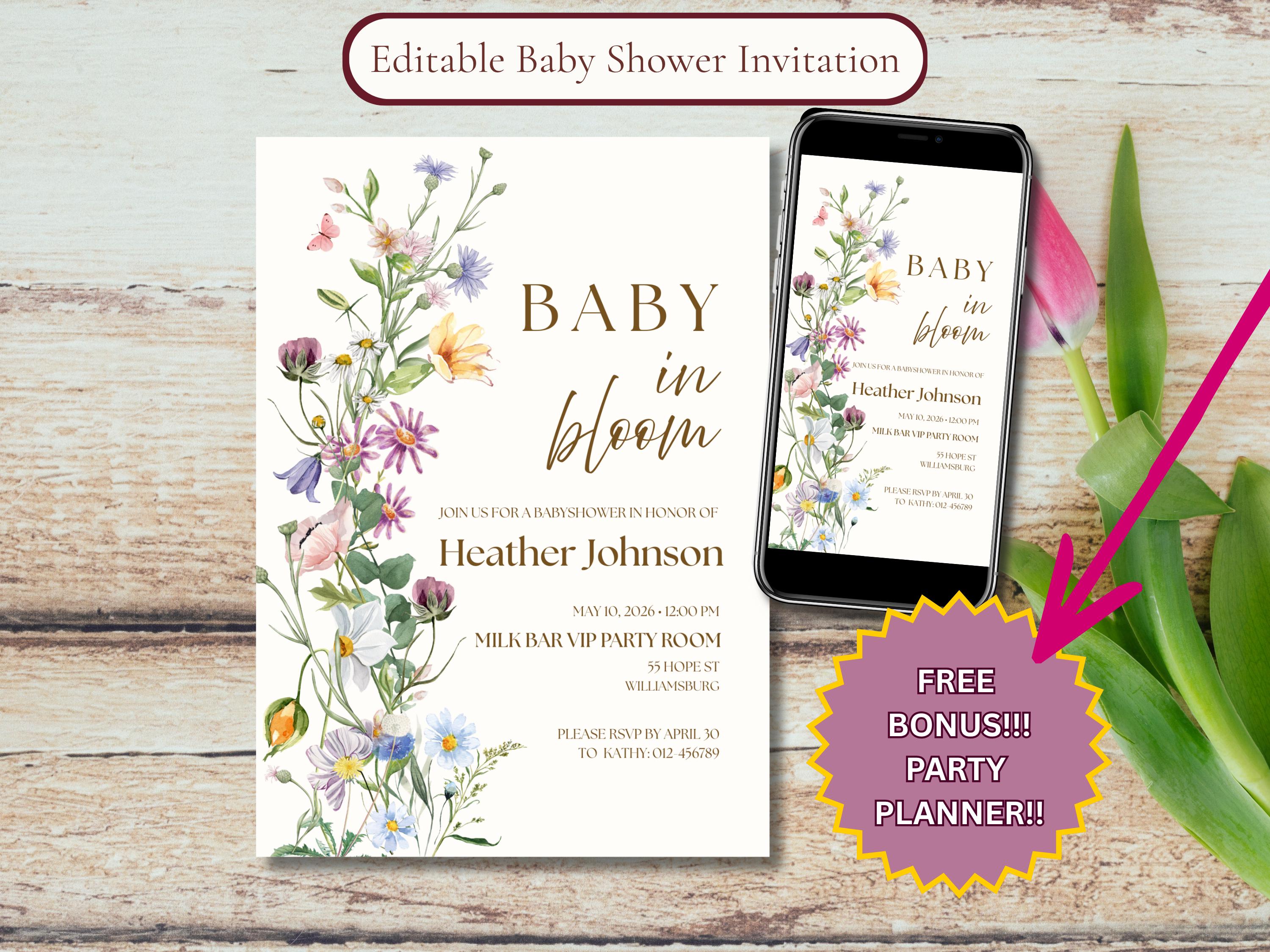 Wildflower Boho Baby Shower Invitation — editable Canva template