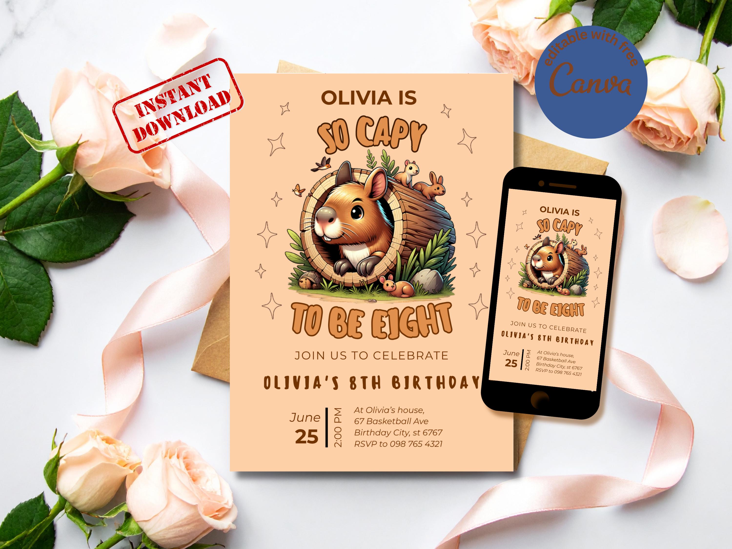 Kawaii Capybara Birthday Invitation — editable Canva template