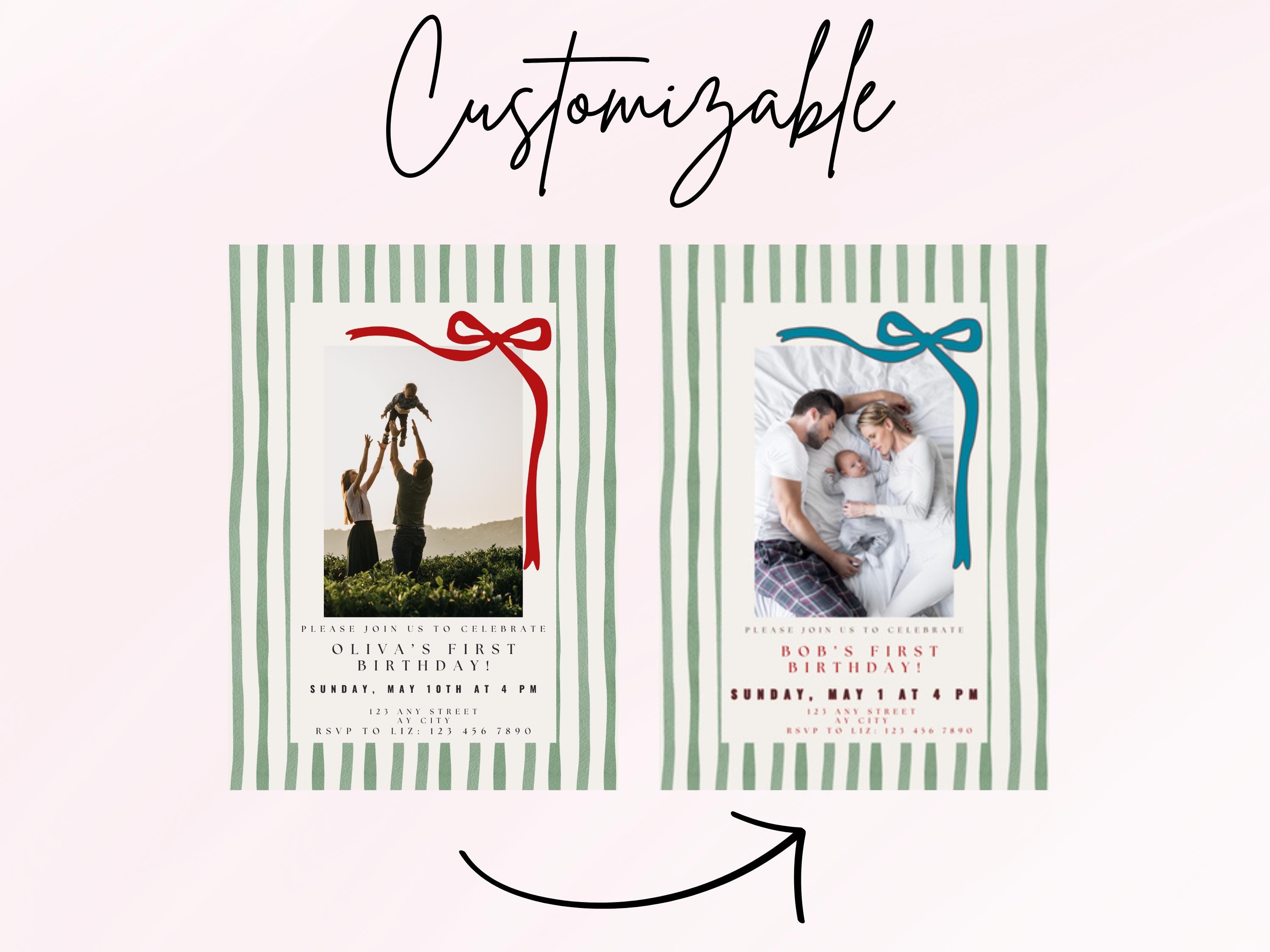 Green Stripe First Birthday Invitation thumbnail 4