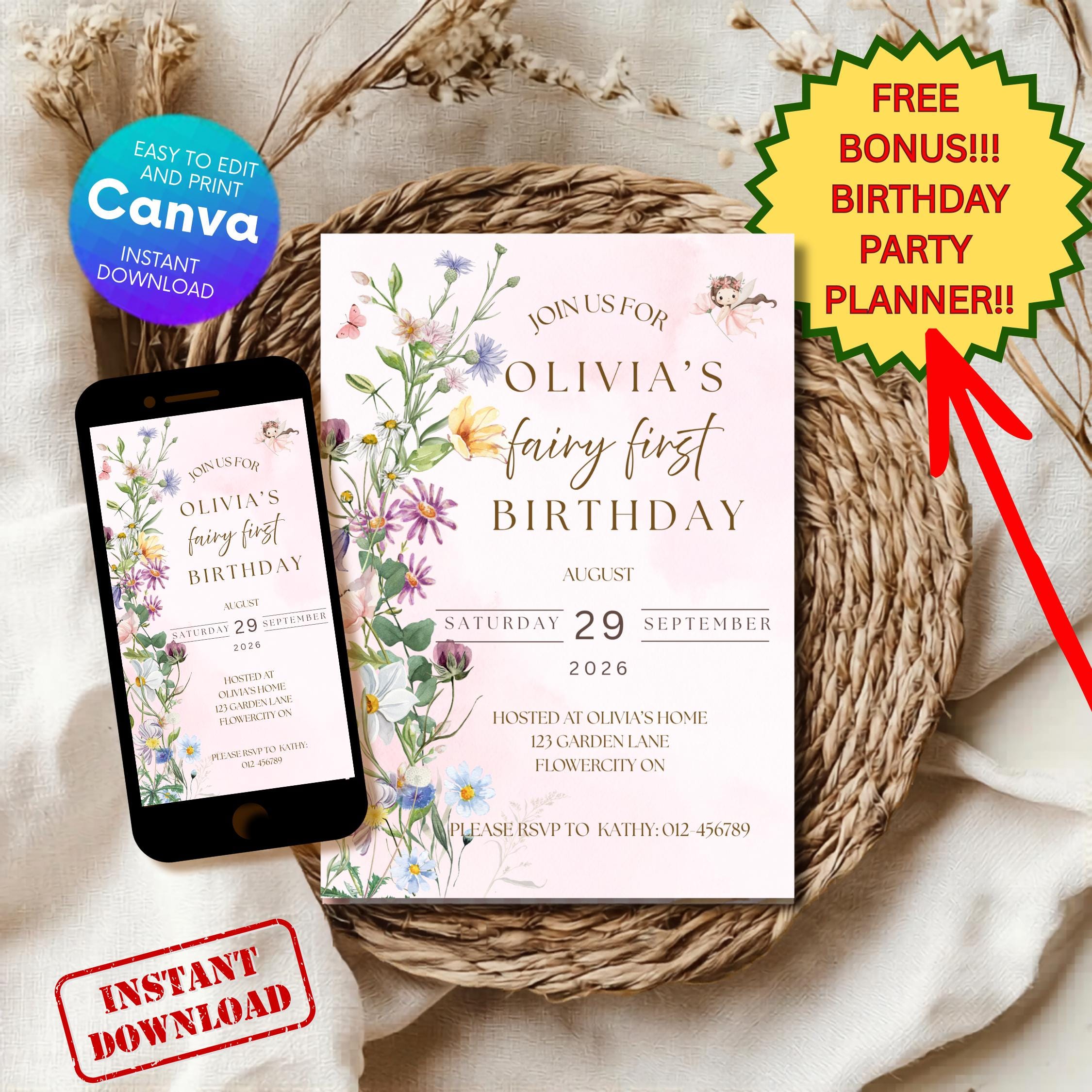 Fairy Garden First Birthday Invitation — editable Canva template