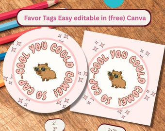 Personalised Capybara Favor Tags Template Birthday Printable Sticker B'day Capy Party Decor Thank You Label Editable Canva Gift Guests CA10