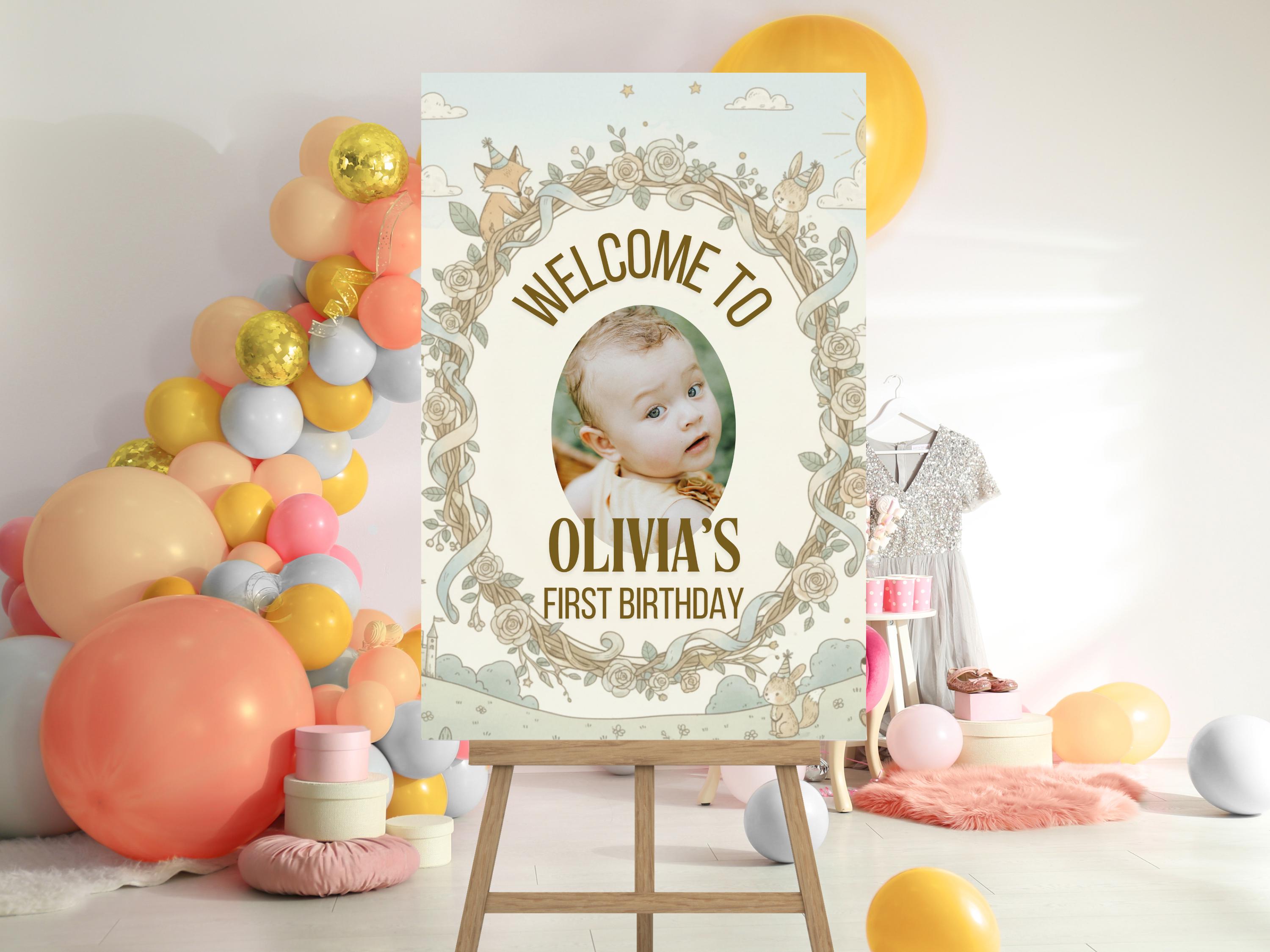 Woodland First Birthday Welcome Sign — editable Canva template