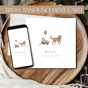 May include: A square birth announcement card and a smartphone displaying the same design. The design features a watercolor illustration of a golden dog pulling a wagon with a baby inside, a green balloon, the name Bobby, and January 25, 2027.