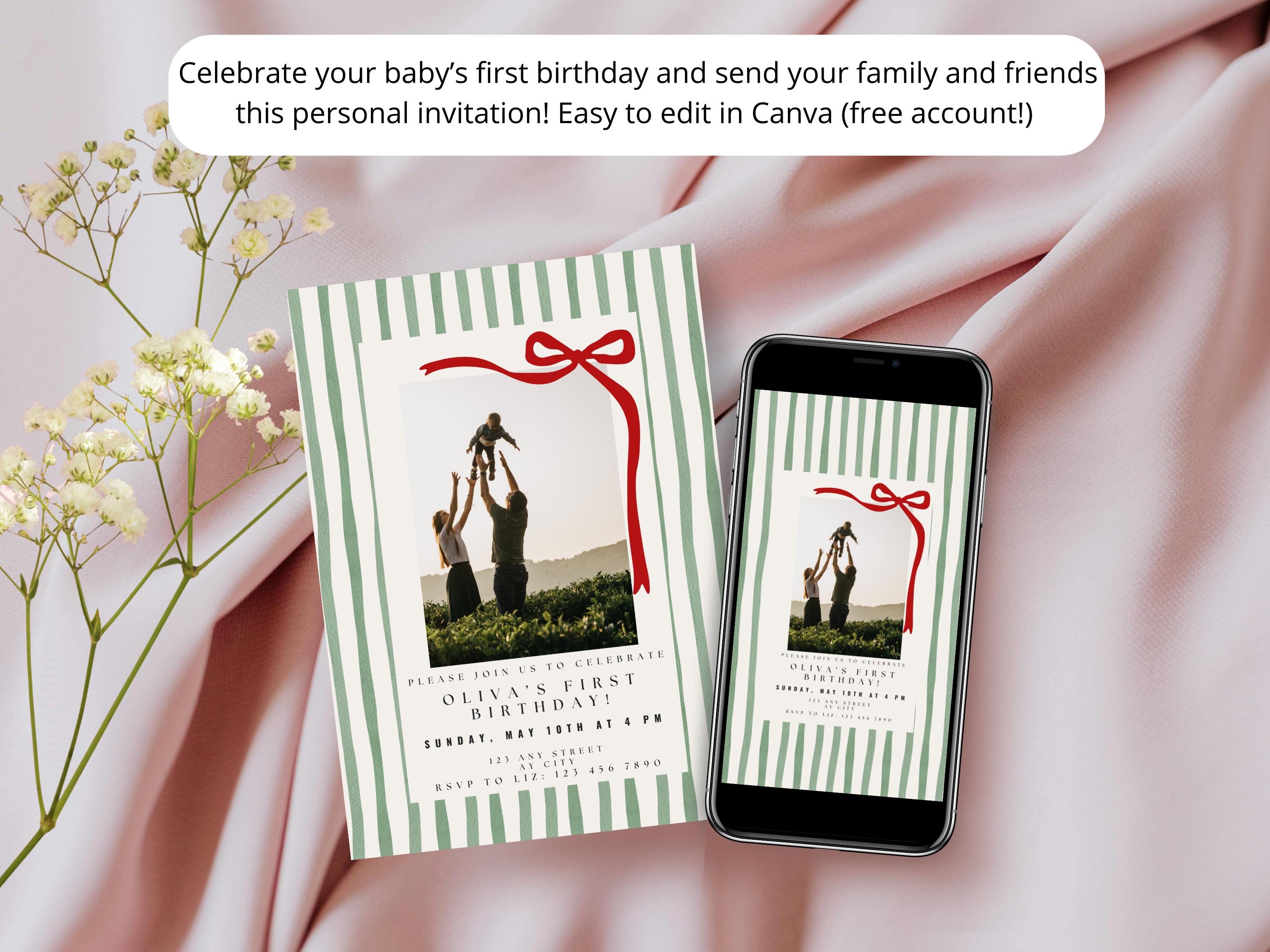 Green Stripe First Birthday Invitation — editable Canva template