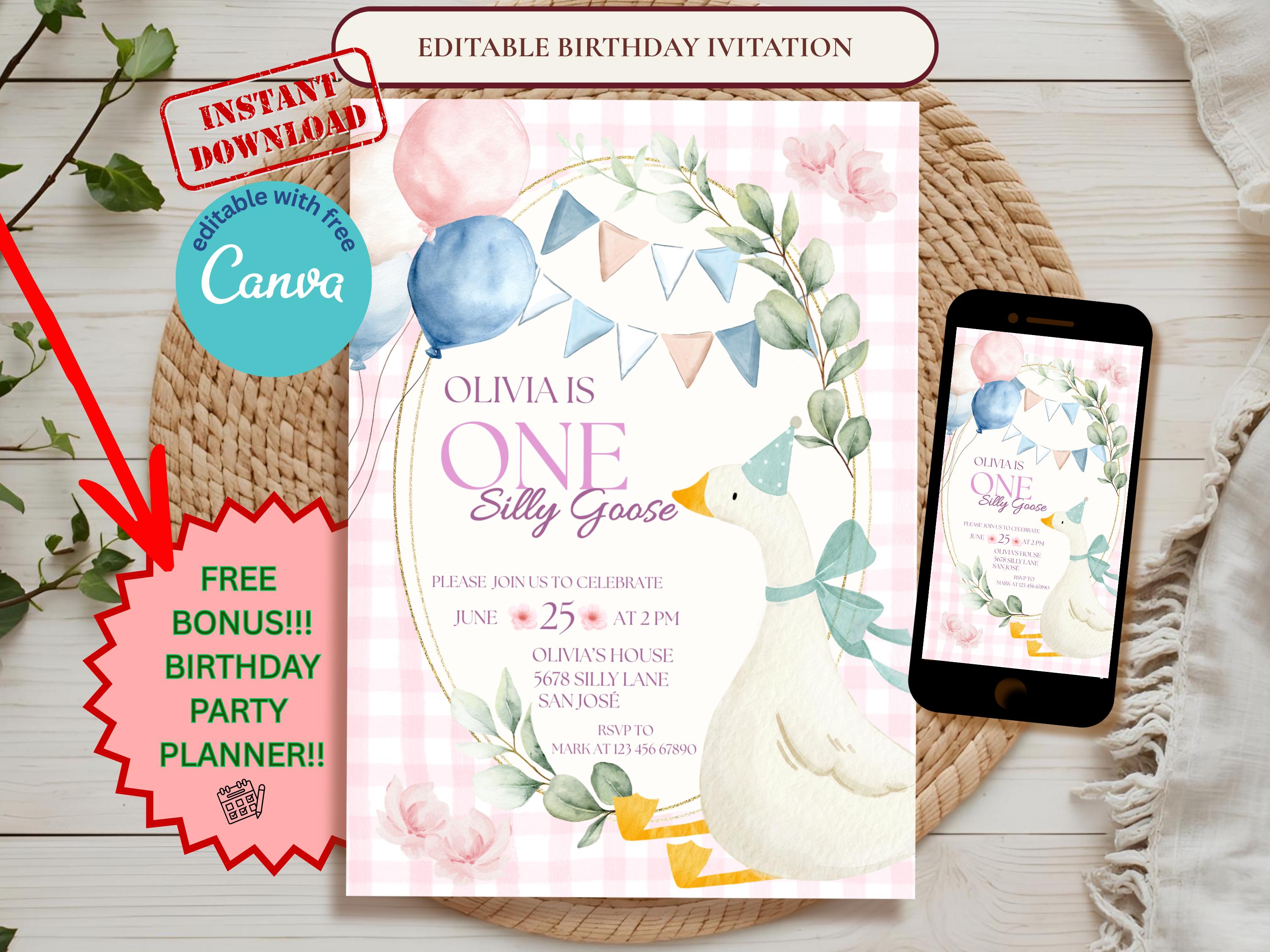 Silly Goose First Birthday Invitation — editable Canva template