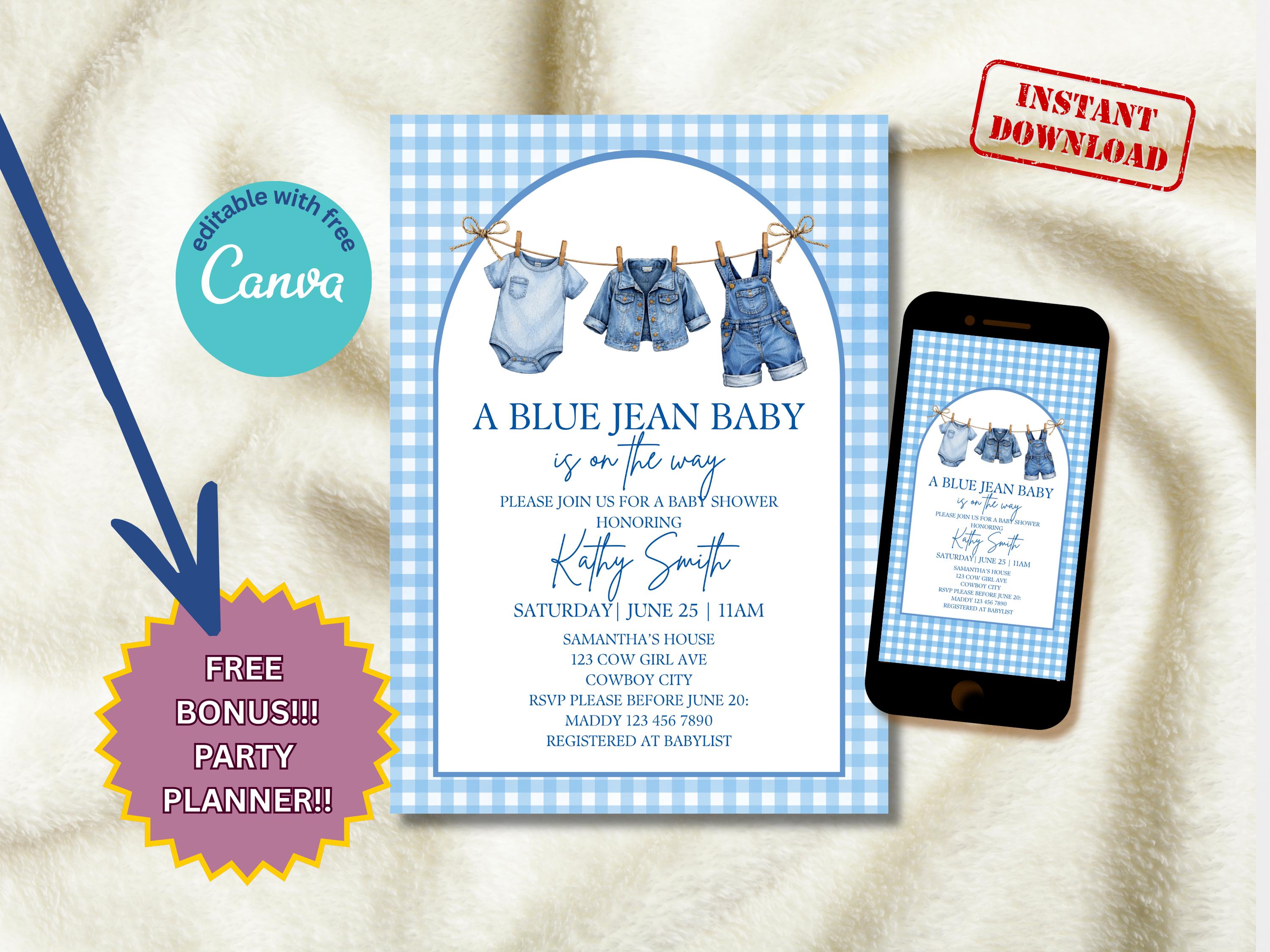 Blue Gingham Baby Shower Invitation — editable Canva template