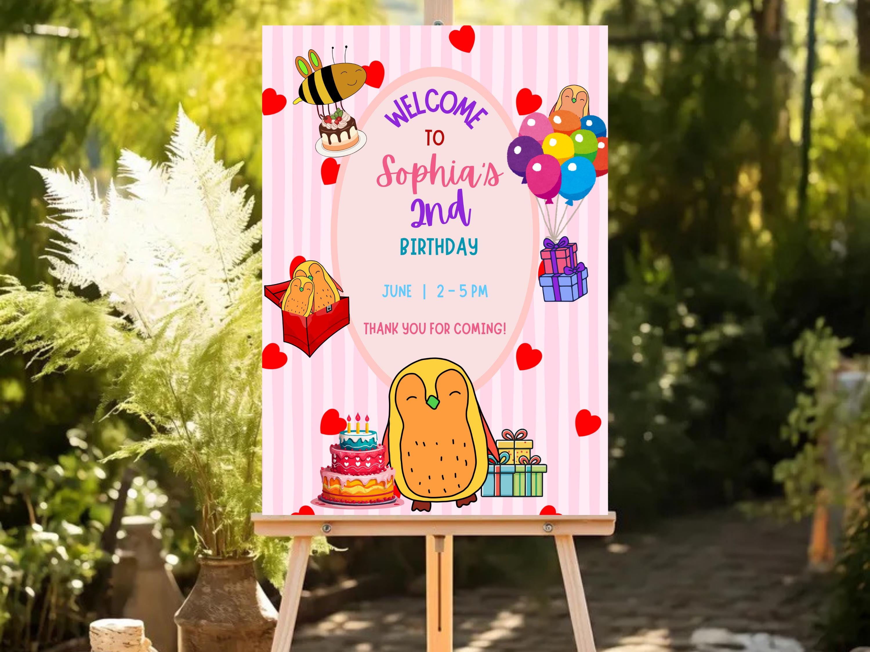 Penguin & Bee Birthday Welcome Sign — editable Canva template