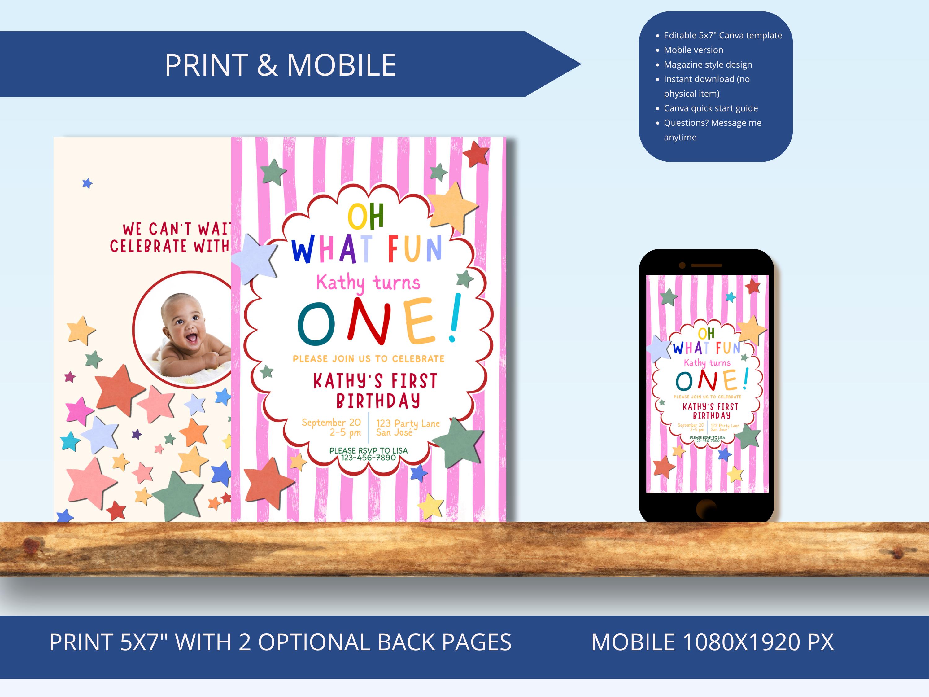 Colorful Pink First Birthday Invitation thumbnail 5