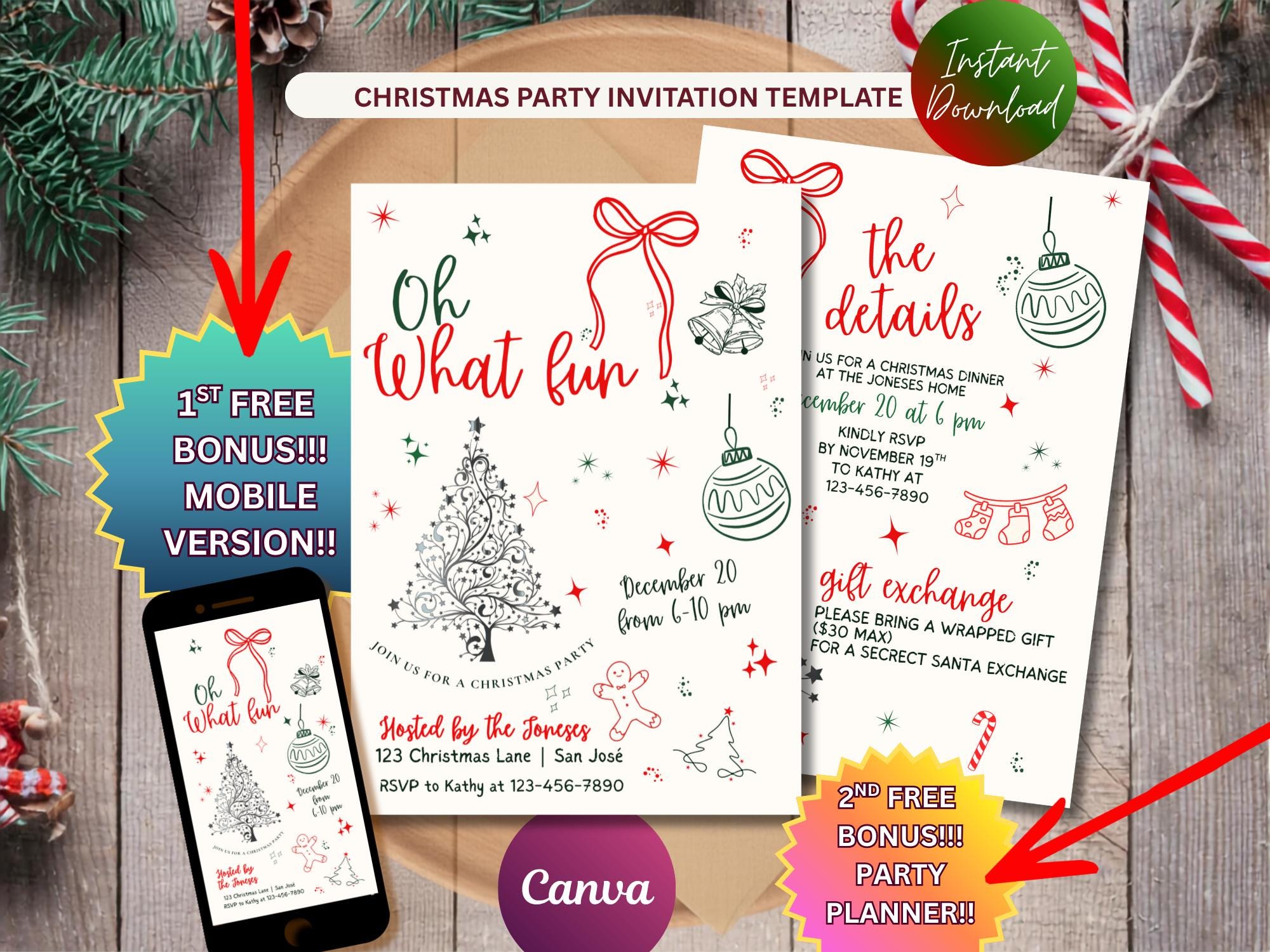 Oh What Fun Christmas Invitation — Script — editable Canva template