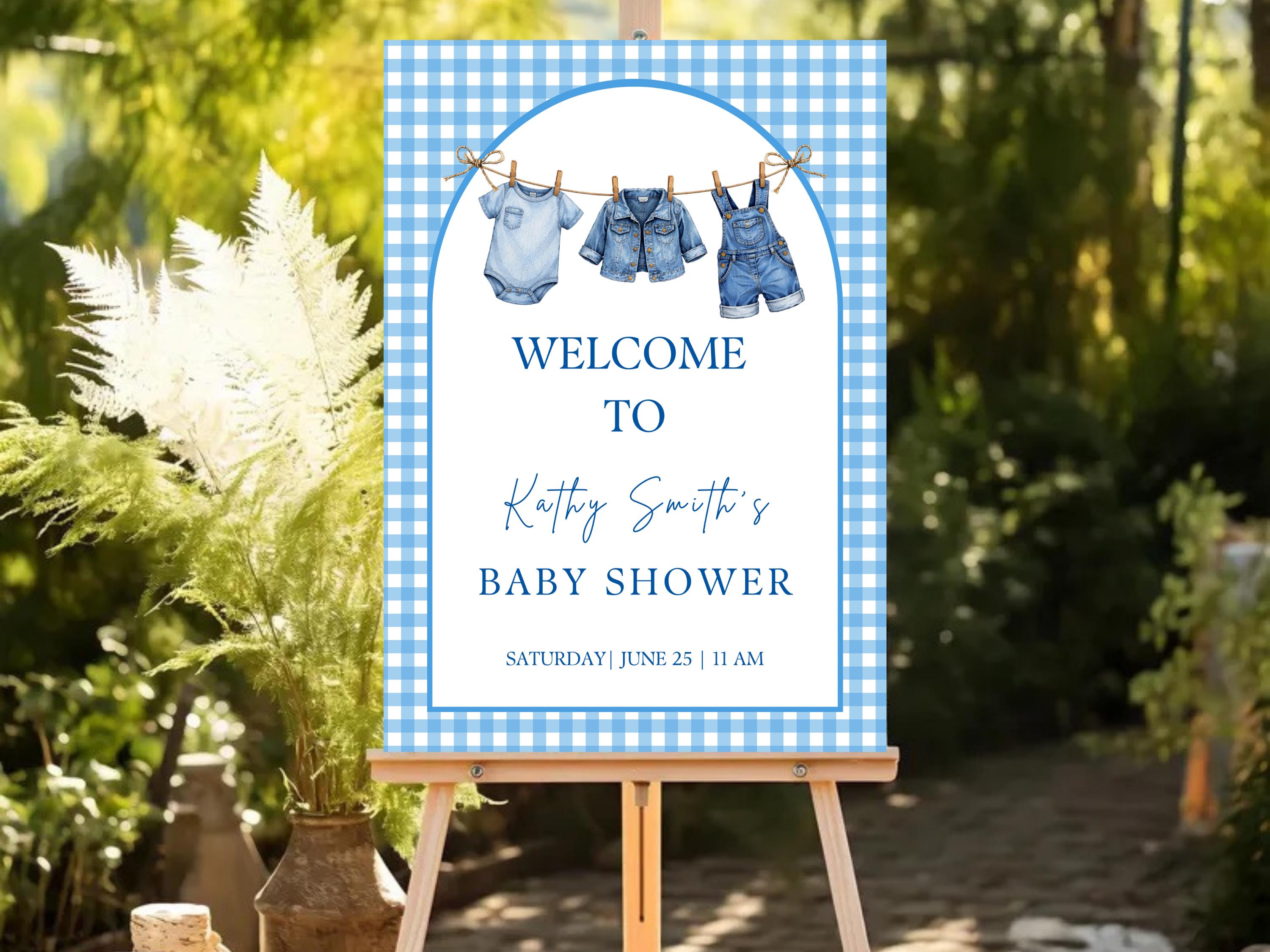 Blue Gingham Baby Shower Welcome Sign thumbnail 3