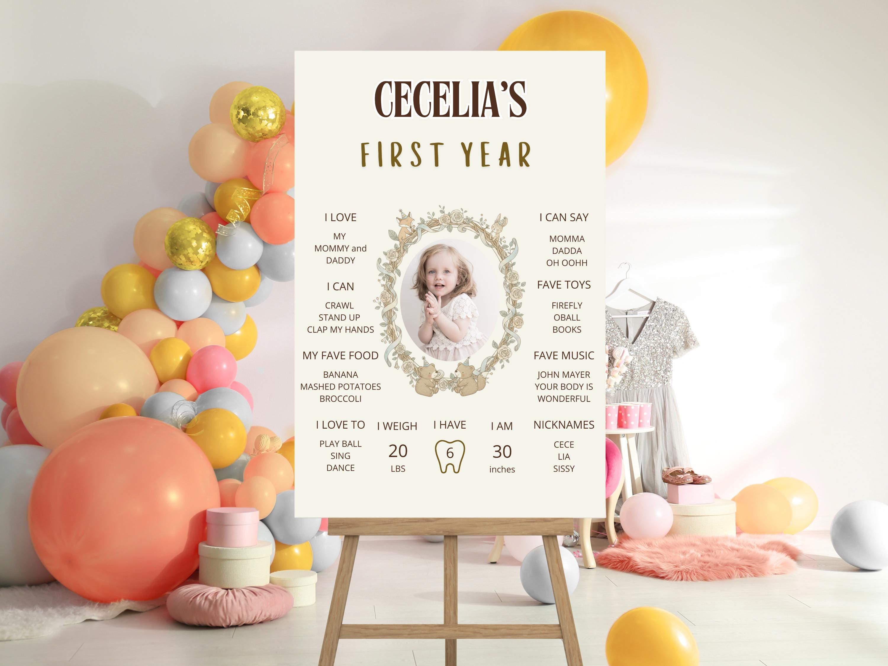 Woodland First Birthday Milestone Board — editable Canva template