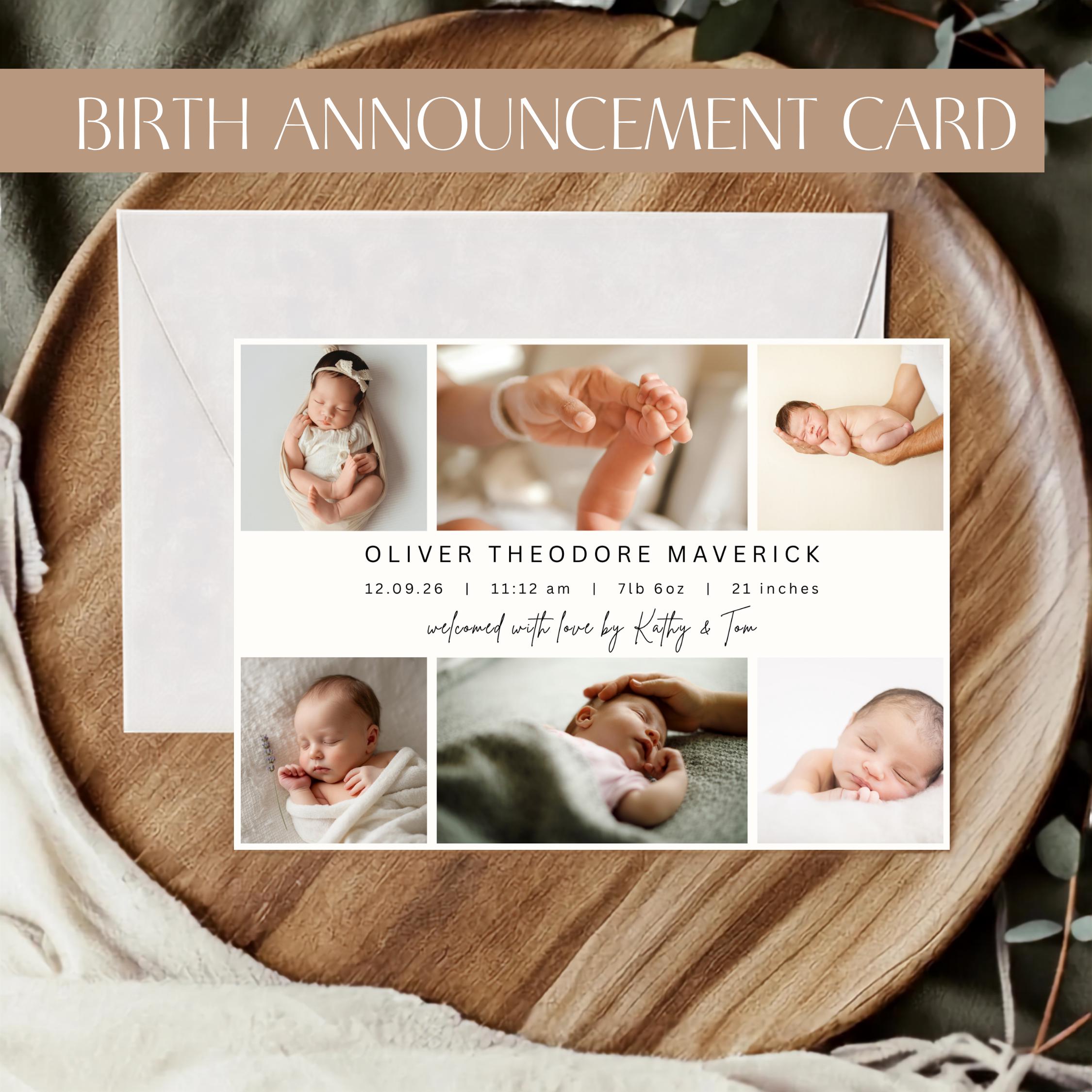 Newborn Birth Announcement Card — editable Canva template