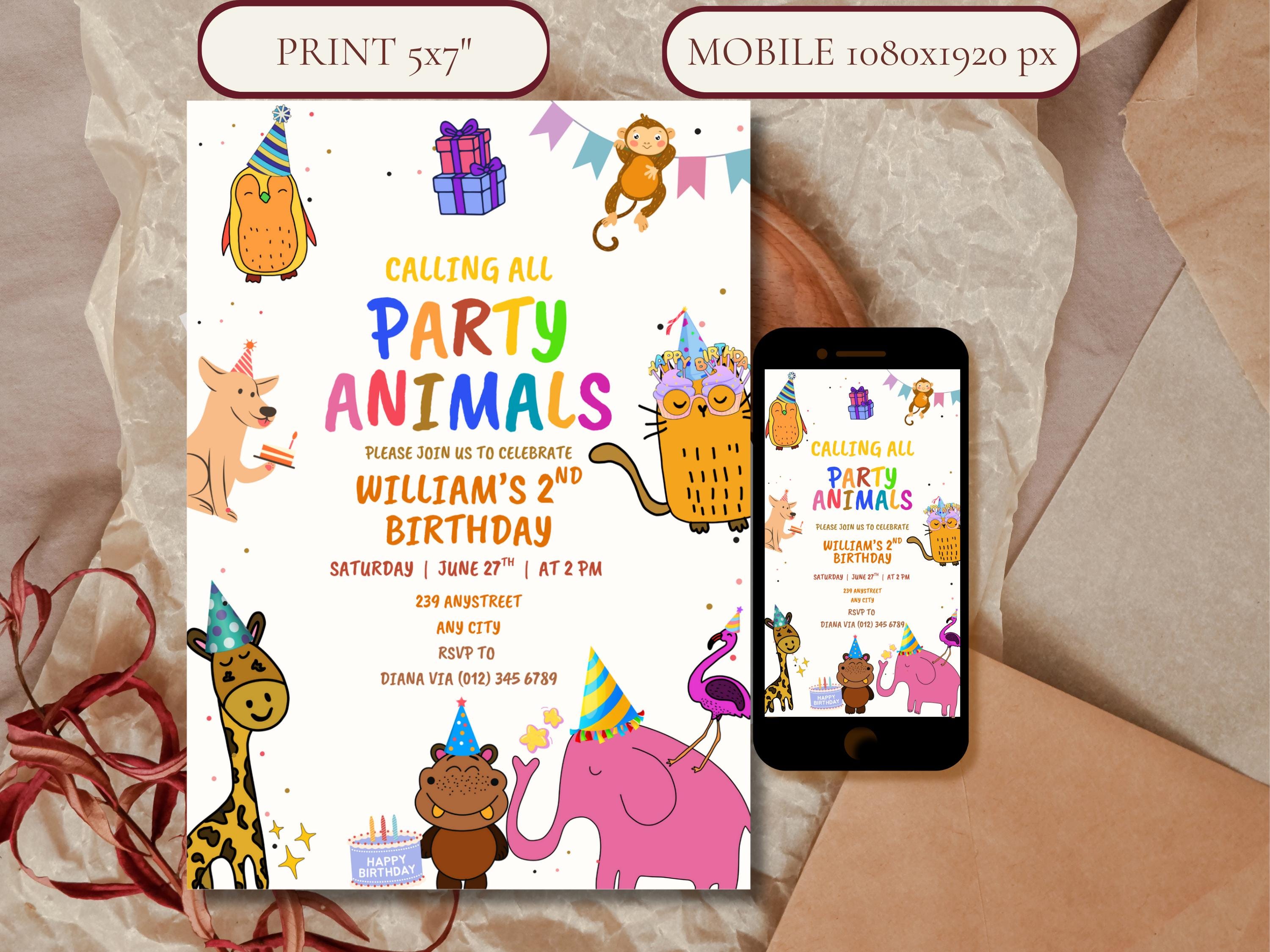 Calling All Party Animals Birthday Invitation — editable Canva template