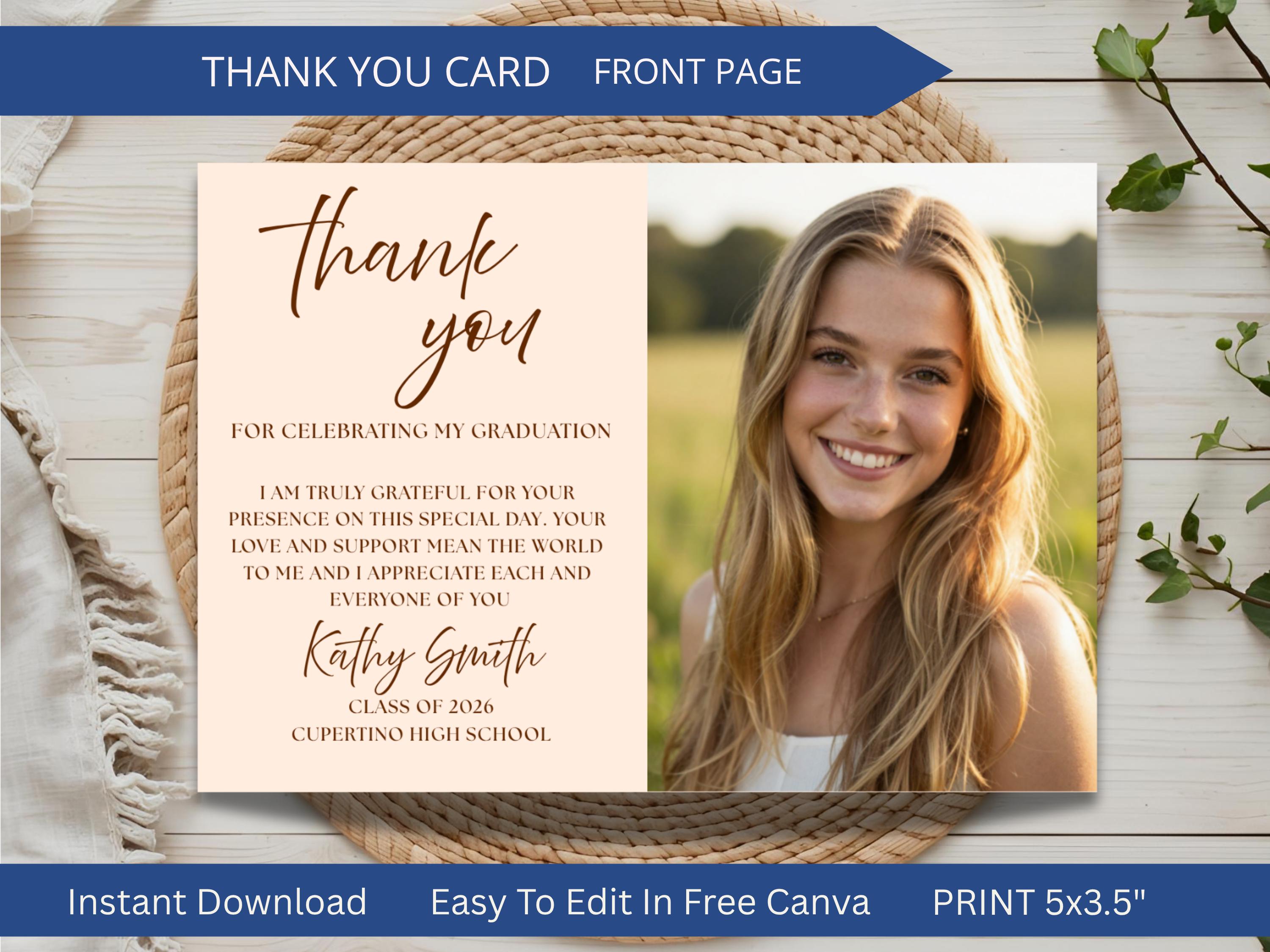 Graduation Thank You Card — editable Canva template