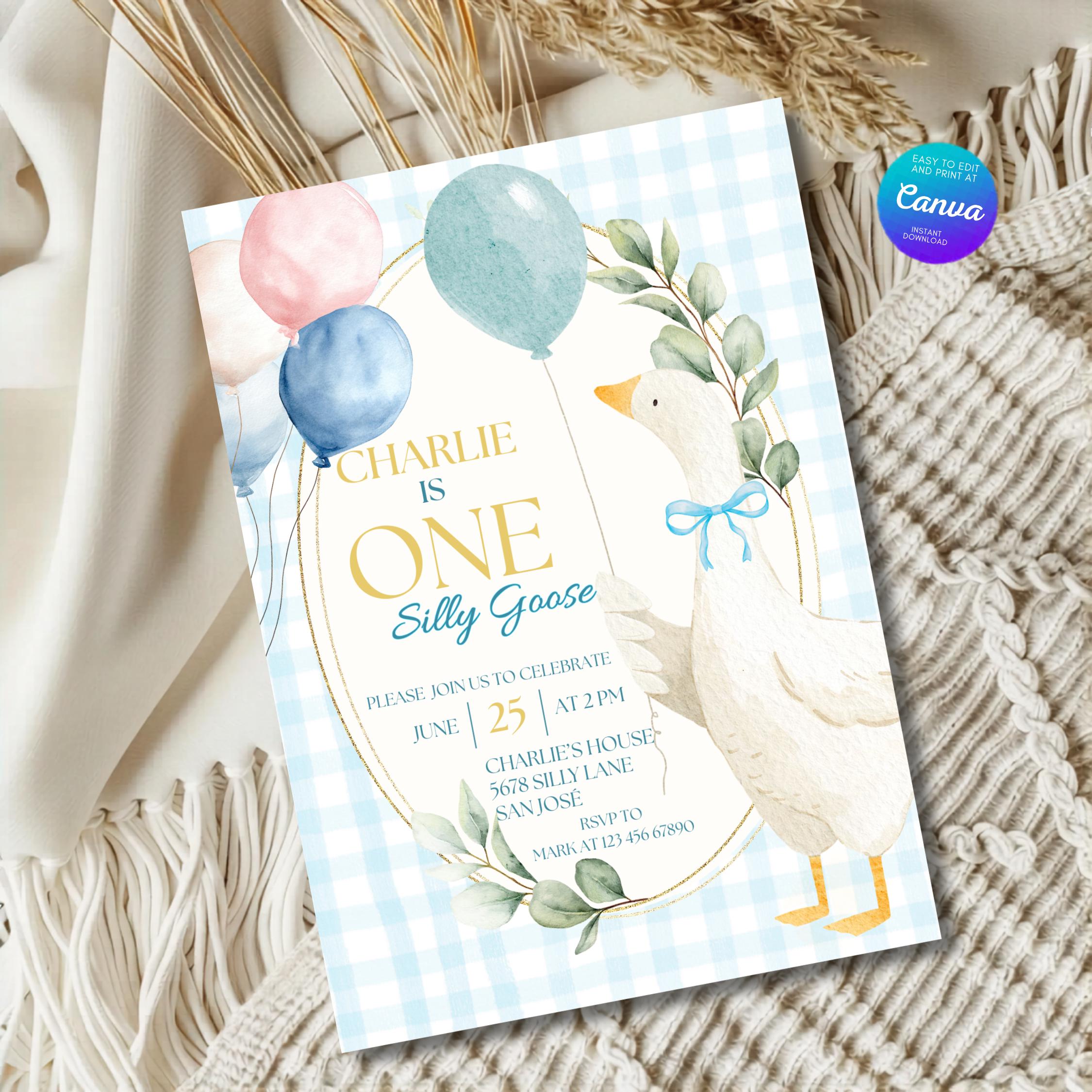 Silly Goose Birthday Invitation — Blue thumbnail 2
