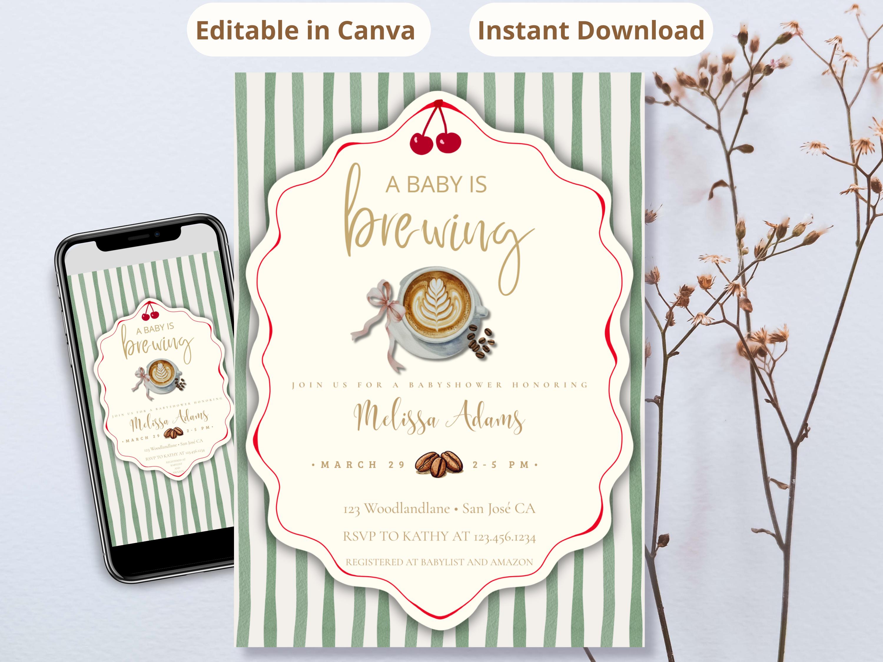 Baby is Brewing Coffee Baby Shower Invitation — editable Canva template
